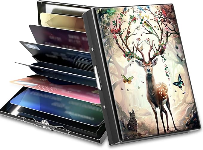 Slim Credit Card Holder, Decorative Deer Butterfly RFID Blocking Metal Wallet for Men & Women, Aluminum Minimalist Hard Case Pocket-Sized Business Cards Organizer (Fits Up to 10 Cards)