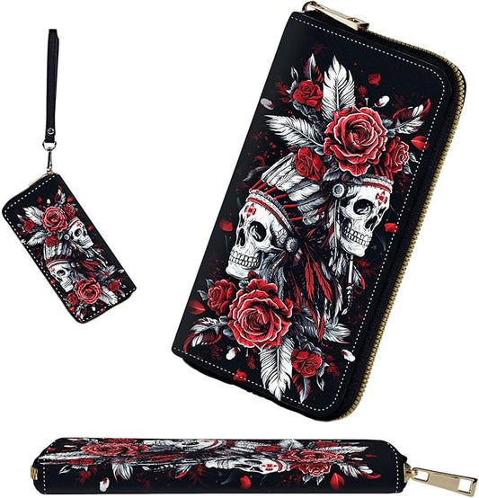 RFID-Blocking Zip Around Wallets for Women with Detachable Wrist Strap,Large Capacity Phone Holder with Card Organizer & Coin Pocket,Skull Art with Feathers and Roses