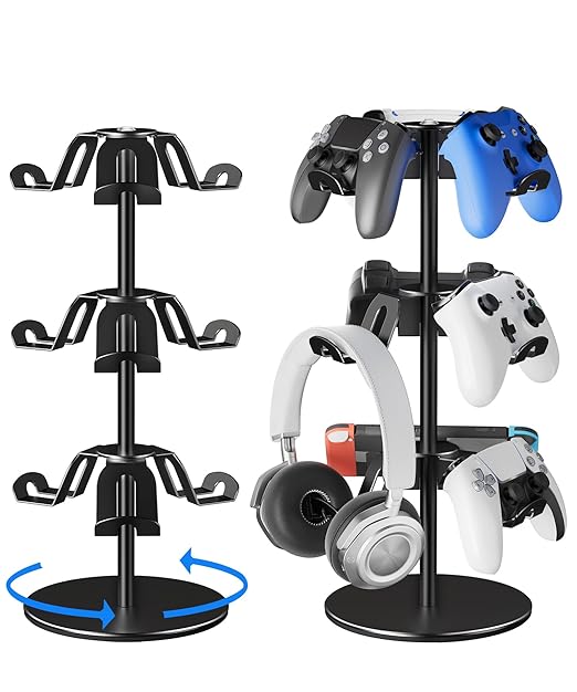 Aluminum Alloy Controller Holder 3 Layers,360 Degree Rotation Tier,Gaming Controller Stand for Xbox PS5 PS4 Switch,Headphone Stand,Headset Holder & Desk Mounts for 9 Packs Controller