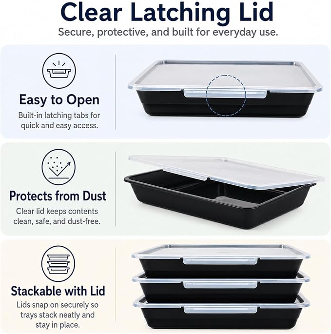 12 Pack Flat Storage Paper Tray with Clear Latching Lid Letter Size Organizer Bin Tray Plastic Latching File Organizer for Classroom Library School Office Teacher Desktop Book Organization (Black)