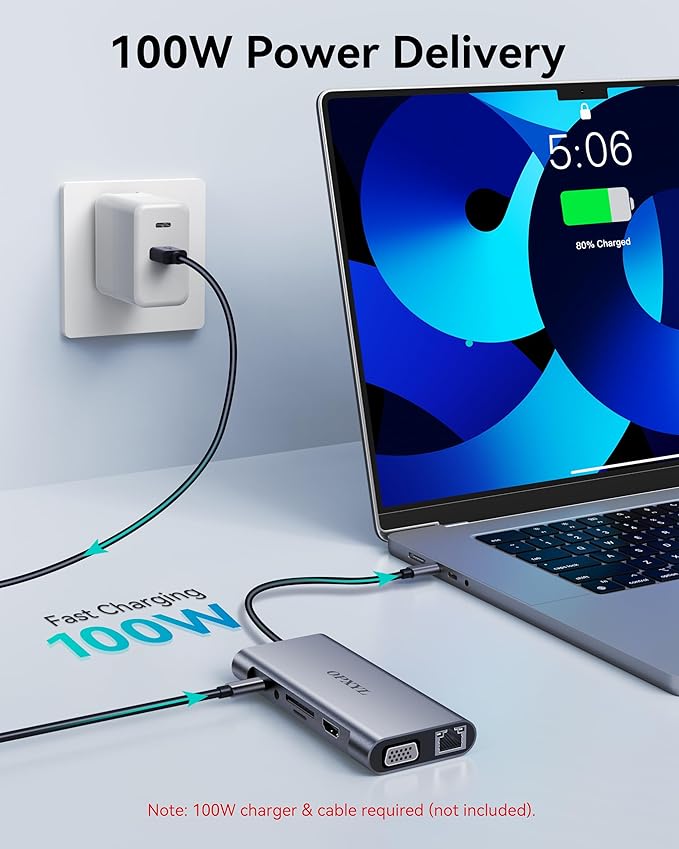 11-in-1 USB C Hub Multiport Adapter, USB C Docking Station with 4K HDMI, VGA 1080P, 100W PD, Ethernet, SD/TF, Audio, USB 3.0 Port, Laptop Dock for MacBook Pro/Air, iPad, Windows