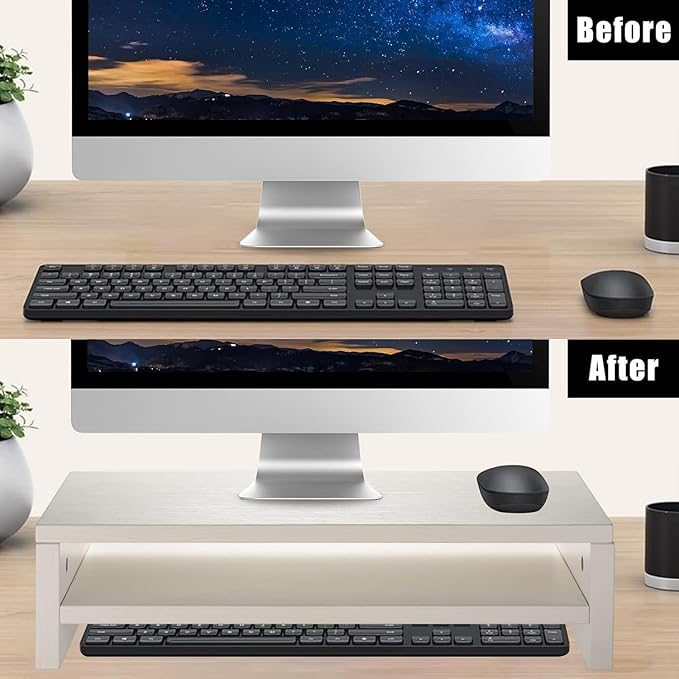 2 Tiers Monitor Stand 16.7??Computer Monitor Riser White, Wooden Monitor Riser for PC Screen/Printer Desktop Organization