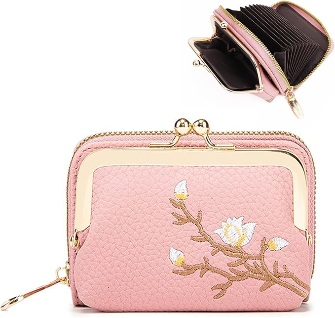 Women's Pebble Leather Wallet, 2-in-1 Zip-Around Credit Card Holder with Kiss Lock Coin Purse, Cute Change Purse with Secure Clasp & Card Slots (Pink, Small)