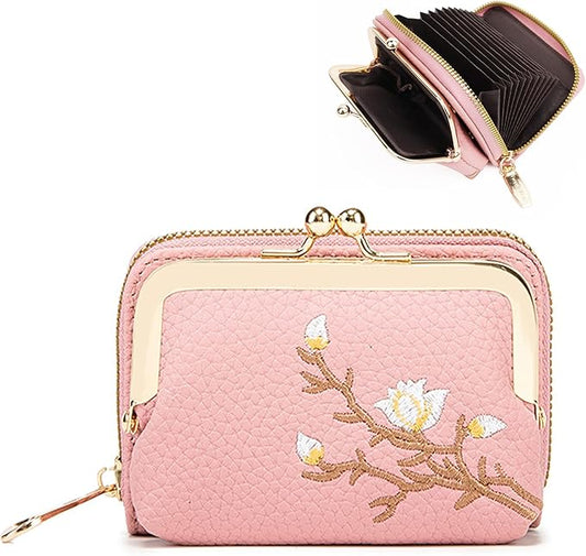 Women's Pebble Leather Wallet, 2-in-1 Zip-Around Credit Card Holder with Kiss Lock Coin Purse, Cute Change Purse with Secure Clasp & Card Slots (Pink, Small)