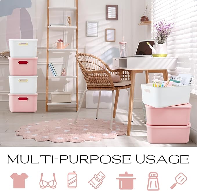 Hoolerry 8 Pieces Colorful Storage Bins with Lid, Plastic Storage Basket Organizing Container Stackable Box with Handle for Shelves Desktop Playroom Office(13.8 x 9.8 x 5.9 Inch,White and Pink)