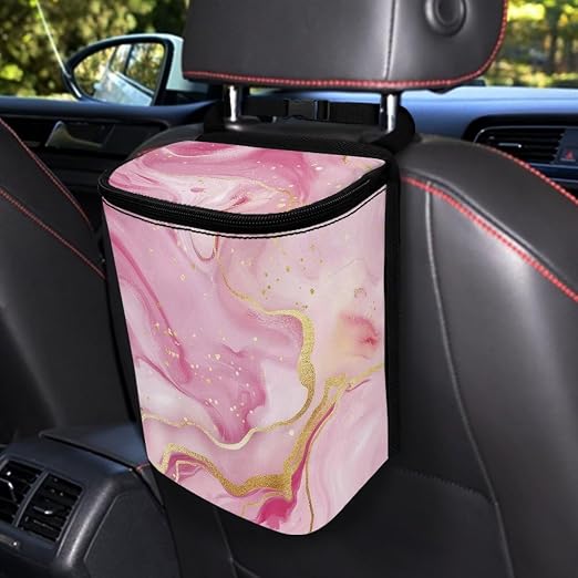 Biyejit Pink Marble Car Trash Bin Collapsible Car Organizers and Storage for Front Seat Multipurpose Trash Bag Automotive Garbage Can Car Accessories Interior Car Organizer