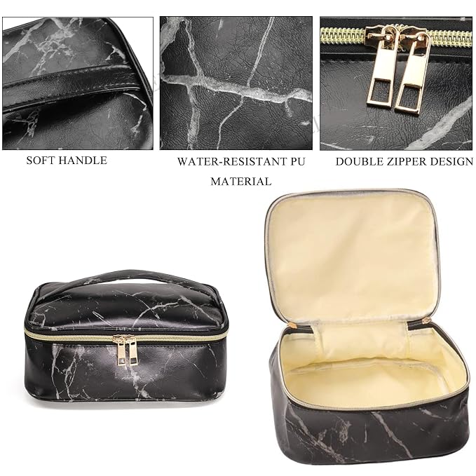 FITINI 3 Pack Marble Makeup Bag Travel Toiletry Bag Portable Cosmetic Pouch Organizer with Small Brush Holders Gold Zipper Waterproof Storage Case for Women and Girls,Black
