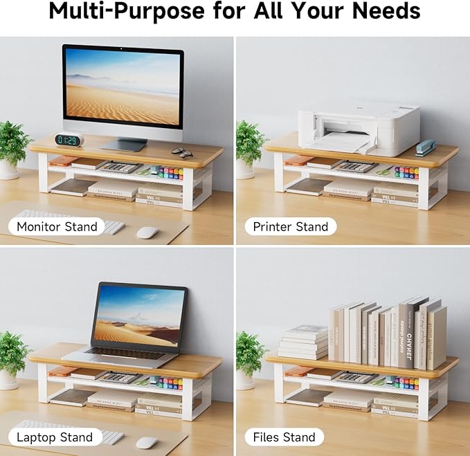Monitor Stand Riser, 24 Inch Computer Monitor Stand for Desk, 2-Tier Wood Desk Shelf Organizer with Storage, Desktop Stand for Laptop/Screen/PC/Printer, Ergonomic Home Office Monitor Stand