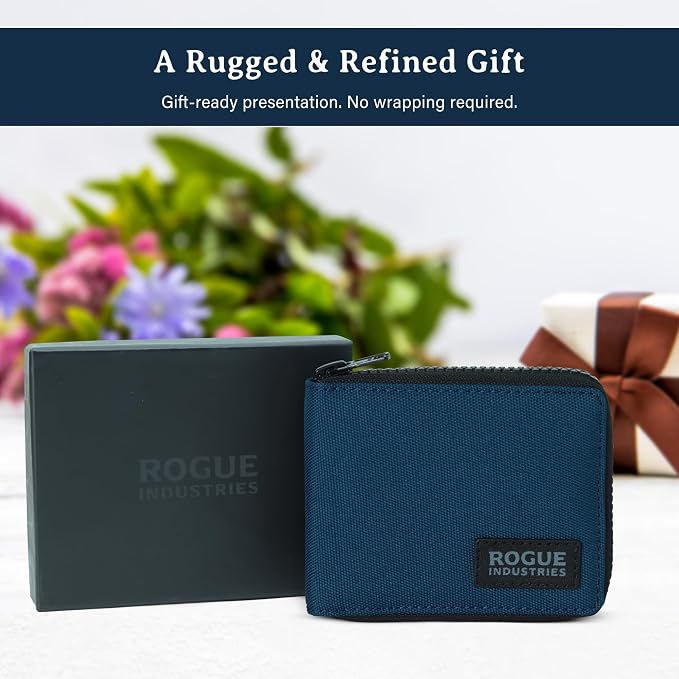 ROGUE WALLET Interior Genuine Leather Wallets for Men - RFID Blocking Robust Outer Nylon Wallets - Full Cash Slot and Expandable Coin Pouch - Gift for Men (Navy)