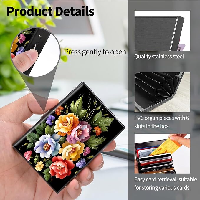 Metal Wallet, Credit Card Holder for Women Men Girls, RFID Blocking Aluminum Wallet Slim Hard Case, Mini Travel Wallet, ID Card Holder Business Card Case,Art Flowers