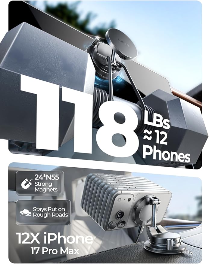 LISEN 15W Magsafe Car Mount Charger, Magnetic Wireless Car Charger, Suction Phone Mount, Vacuum Magnetic Phone Holder for Car Mount for iPhone 17 Pro Max 16 15 14 13 12, Samsung S26/S25, Pixel 10 Pro