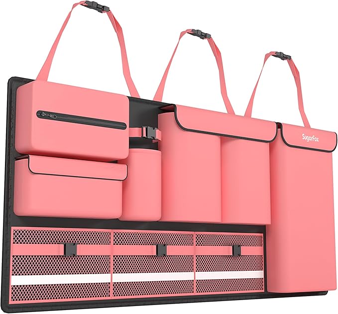 SugarFox Backseat Hanging Trunk Organizer for SUVs, Cars, Trucks & MPVs | Multi-Pocket Storage with Anti-Slip Straps | Space-Saving Auto Accessory | Gift for Men & Women | Pink, 37.8" x 18.1" - K230