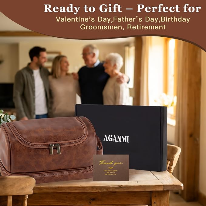 Toiletry Bag for Men Travel Essentials Shaving Dopp Kit with Hanging Hook, Waterproof Toiletry Bag with Dry Wet Separation, PU Leather Travel Organizer for Camping Business, Reddish Brown