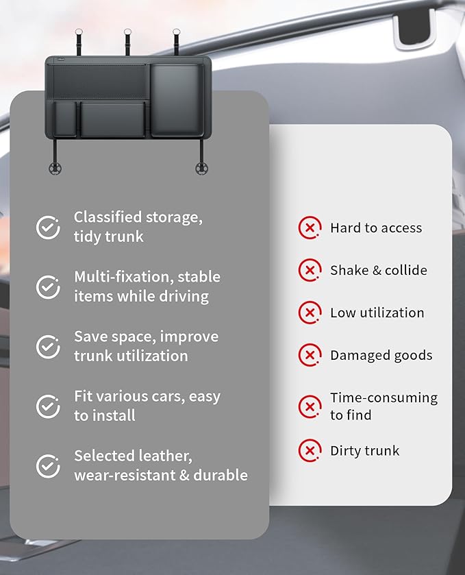 PU Leather Hanging Trunk Organizer - Sturdy Non-Sagging Car Trunk Organizer for SUV Sedan Truck - Waterproof Easy Clean Backseat Organizers Hanging Storage