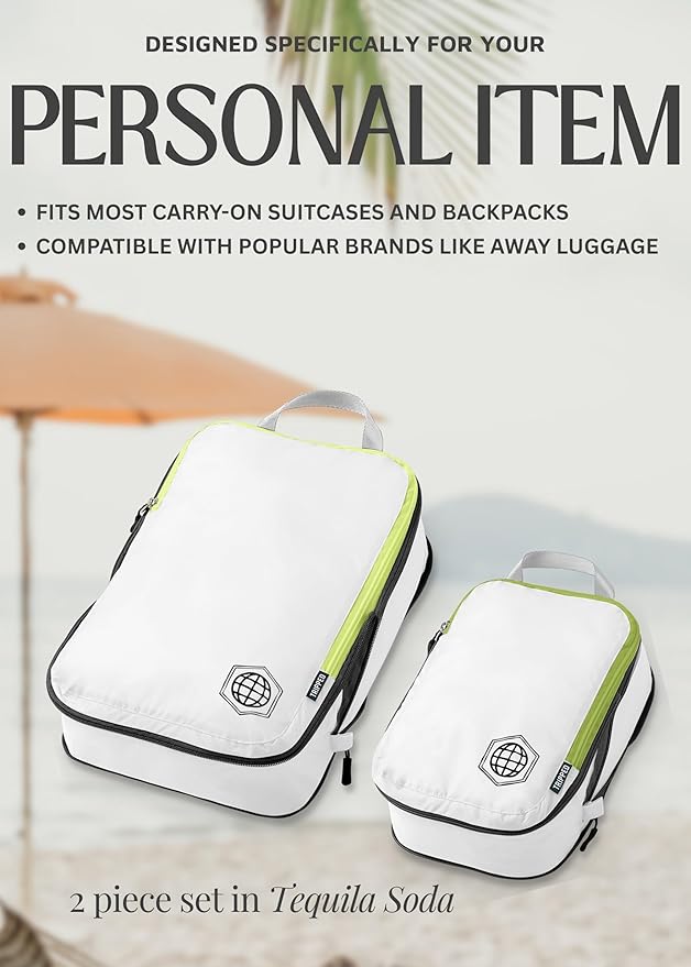 Compression Packing Cubes for Travel, 2-Piece Lightweight Packing Cubes Set for Carry-On Luggage & Backpacks – TRIPPED Travel Gear (White and Green)