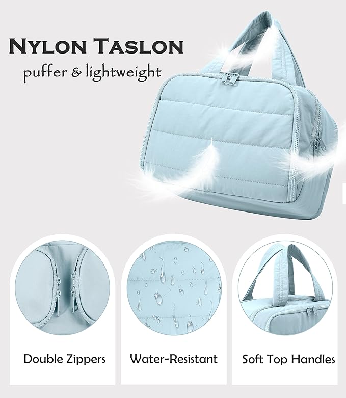 Travel Toiletry Bag for Women, Large Wide-open Puffy Cosmetic Makeup Bag with Wet-Dry Separation, Multi-Pocket Organizer with Carry Handle for Toiletries, Cosmetics, Essentials, Light Blue
