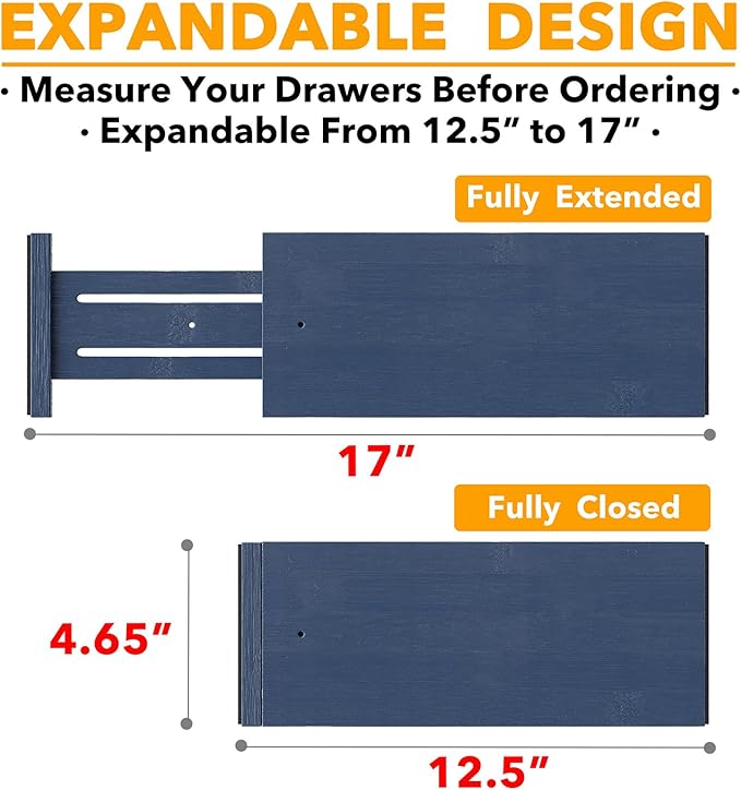 SpaceAid Bamboo 4 Pack Dresser Drawer Dividers, 4.65??High Adjustable 12.5??17??Drawer Organizers, Expandable Organization for Clothing, Clothes, Dressers, Navy Blue