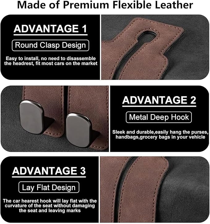 2 Pack Car Hooks for Headrest, Headrest Hooks Car Purse Hook Car Seat Back Storage Hook Premium Leather Car Seat Holder for Headrest Purses and Bags (Brown)
