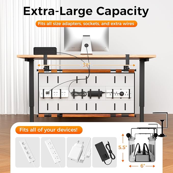 Cable Management Tray Under Desk , 38" No Drill Cable Organizer with Clamp/Screw Mount,Wire Cord Organizer for Table, Cable Tray for Office, Home