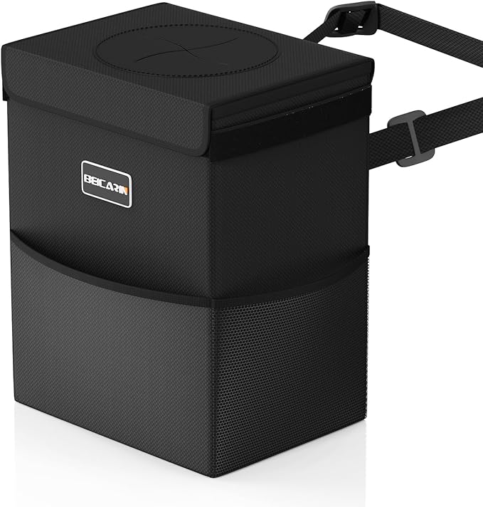 Beicarin Car Trash Can with Lid - Trash Bag Hanging with Storage Pockets Leak-Proof Organizer Collapsible and Portable Waterproof Garbage Bin, 2.2 Gallons Multipurpose Trash Bin for Car