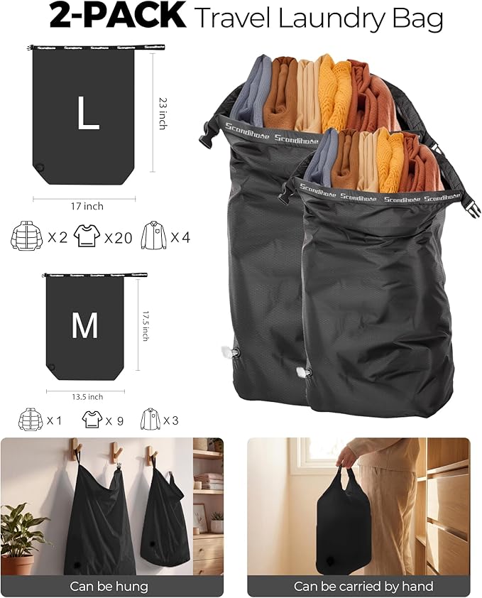 Travel Laundry Bag, Pump-Free Vacuum Compression Dirty Clothes Bag, Reusable Waterproof & Washable Laundry Bag, Wet and Dry Bag, Ideal for Suitcases, Road Trip Essentials (2 Pcs, M+L) Black