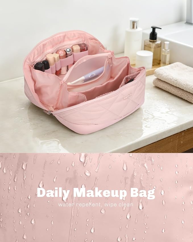 Hynes Eagle Travel Makeup Bag for Women Puffy Cosmetic Organizer Pouch Open Flat Toiletry Bag for Toiletries Brushes Structured Base Light Pink