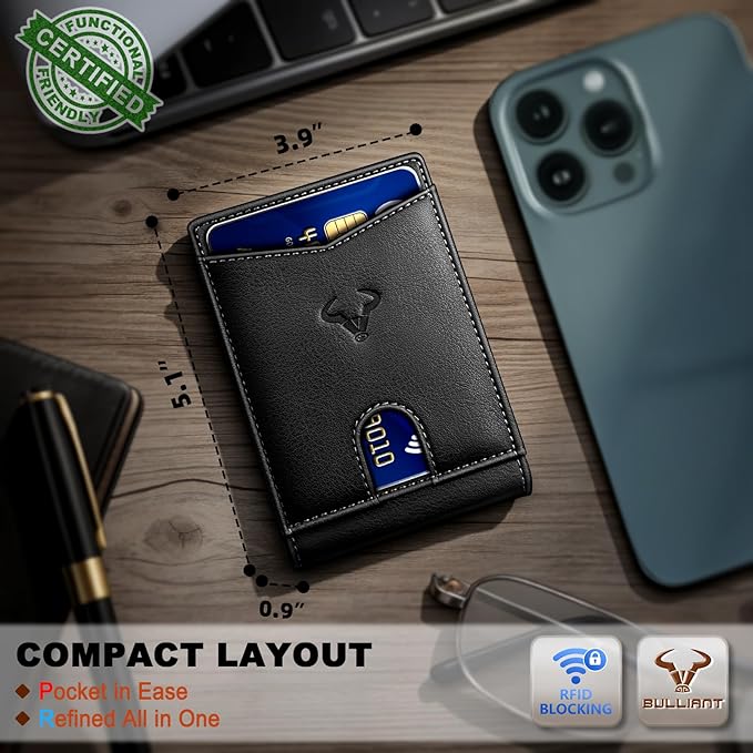 BULLIANT Men Wallet, Slim Leather Wallet Front Pocket Card Holder Gift For Men 11 Slots RFID Blocking