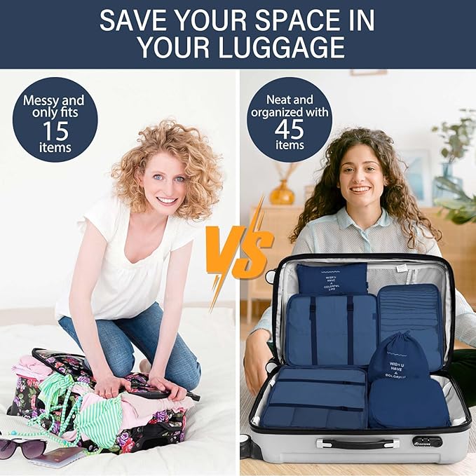 KPX 8 Set Packing Cubes for Travel, Luggage Packing Organizers Accessories Large Toiletries Bag for Clothes Shoes Cosmetics (Navy Blue)