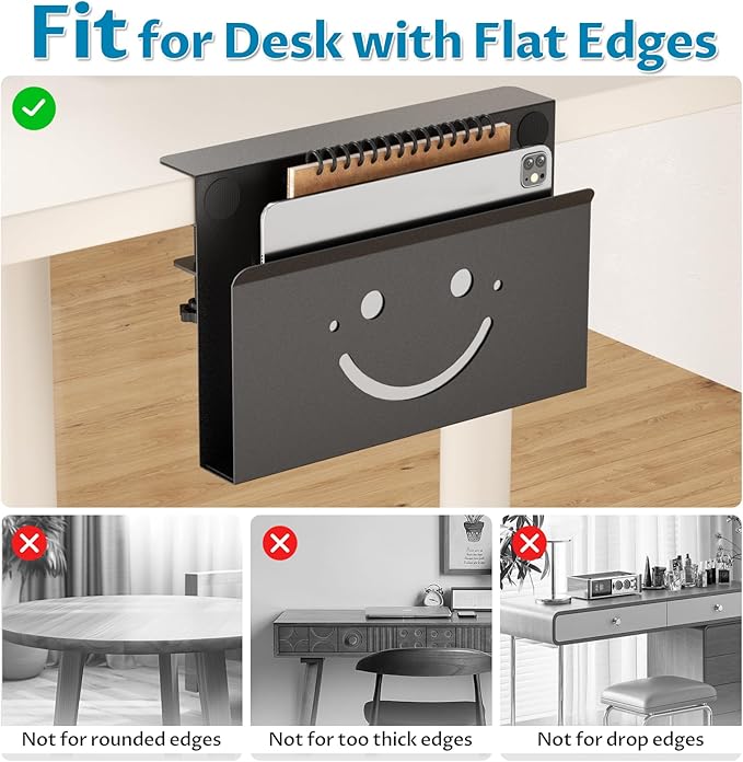 Onemake Desk Side Storage, Funny Smile No Drill Laptop Holder, Clamp on Desks Shelf with Magnetic Pen Holder, Hanging Desk Organizer for Home Office, Fits Flat Edge Tables 0.4" to 2.3"