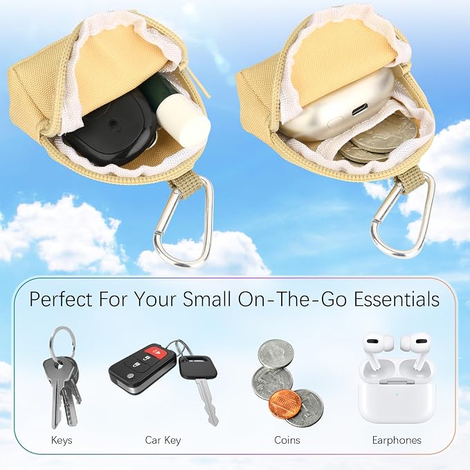 Keychain Pouch Coin Pouch Compact EDC Pouches Data Cable Organizer Earphone Earbuds Storage Zipper Case Bag with Clip on Hook for Mini Gear Bag, Change Wallet (Khaki)