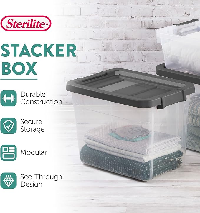 Sterilite 12-Pack Modular Stacker Box, Durable Clear Plastic Storage Bins with Latching Lids, 30 Quart - Stackable Organizing Container Boxes for Closet, Bathroom, and Office