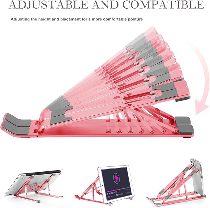 Laptop Stand for Desk, Ergonomic Lap Riser, Portable Laptop Stand, Aluminum Lightweight Foldable Notebook Support, Compatible with Laptop 10-15.6'' and Tablet, Phone (Pink)