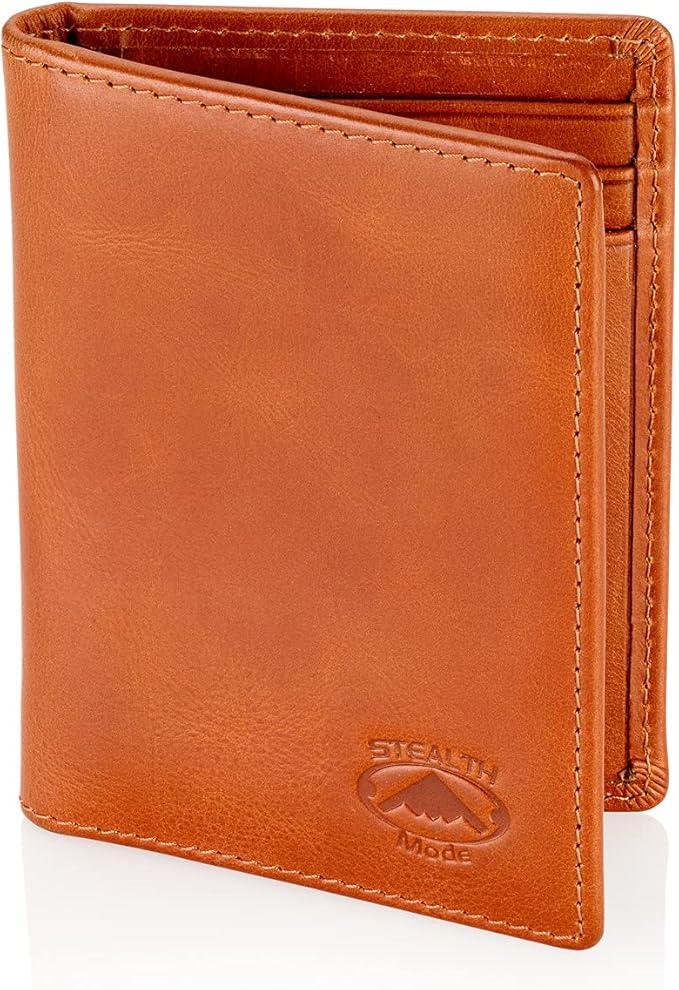 Stealth Mode Men's Slim Front Pocket Wallet - RFID Blocking, Thin Minimalist Bifold Design, Genuine Leather - ID Badge Window and 5 Sleeves for Money, Credit and Debit Cards, Driver's License - Brown