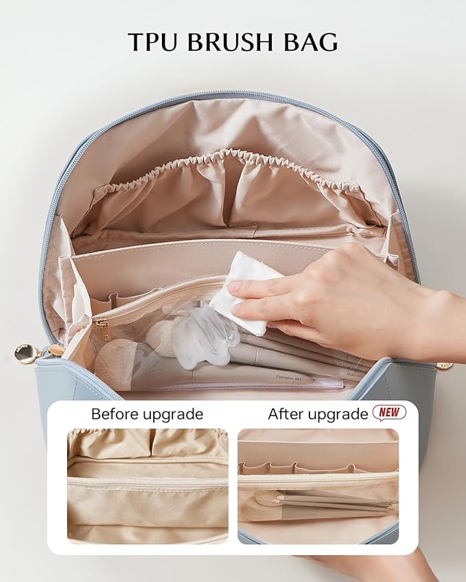 EACHY Travel Makeup Bag, Large Capacity Cosmetic Bag for Women, Waterproof PU Leather, Flat Open Portable Toiletry Bag for Skincare, Brushes & Travel Essentials