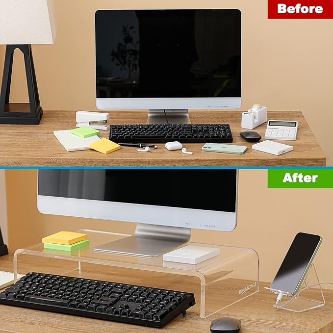 Premium Acrylic Monitor Stand | Clear Laptop Riser for Desk, Office and Home | Computer Stand for TV, Printer, and More | 16" L x 8" W x 4" H with Bonus Phone Stand