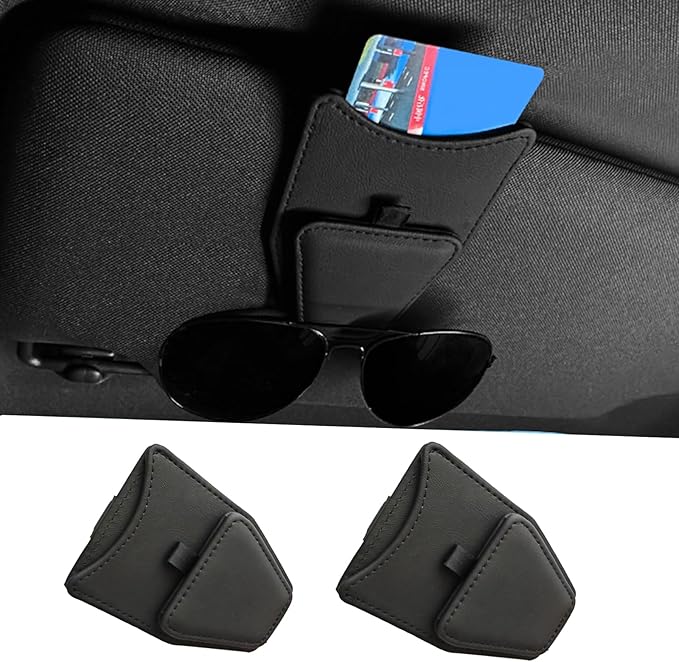 2 Pack Universal PU Leather Car Visor Sunglasses Holder Magnetic Clip for Eyeglasses and Cards One-Handed Access Organizer Fits Most of Car SUV Trucks Pickup Interior Accessories (Black - 2pcs)