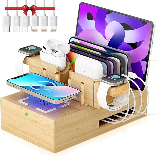 Darfoo Bamboo Phone Charging Station for Multiple Devices - Qi Certified Fast Wireless Charger & 7 USB Ports for All Phones, Tablets, Smart Watches & Earbuds (2 Stands)