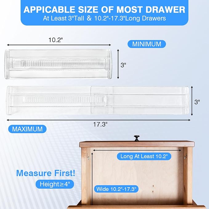 3-Pack Clear Drawer Organizer, Adjustable & Expandable Drawer Divider for Kitchen, Bathroom, Office, Customizable Storage Space-Saving Solution for Utensils, Cosmetics, Socks, Stationery