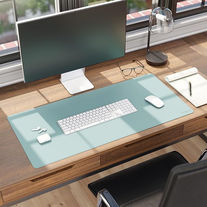 Smead Desk Pad, Vegan Leather Desk Mat with Non-Slip Faux Suede Backing, Perfect Desk Organizer for Office Decor, 36” x 17” Large, Superior Blue (64830)
