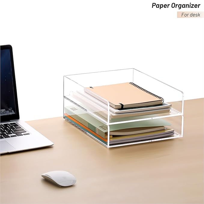 HeZone Paper Organizer Letter Tray, Clear Acrylic Paper Tray, School Teacher Office Supplies Organization, Stackable Desk File Organizer, Classroom Decor and Accessories-2 Pack…