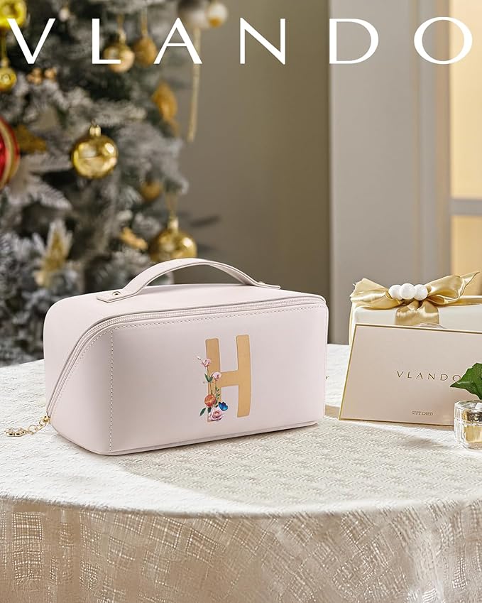VLANDO Gifts for Girls Travelers,Preppy Makeup Bag,Large Capacity Travel Makeup Bag,Monogrammed Graduation Gifts for Friends Female Daughter(Letter H)