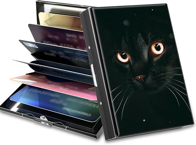 Slim Credit Card Holder, Black Cat Glitter RFID Blocking Metal Wallet for Men & Women, Aluminum Minimalist Hard Case Pocket-Sized Business Cards Organizer (Fits Up to 10 Cards)
