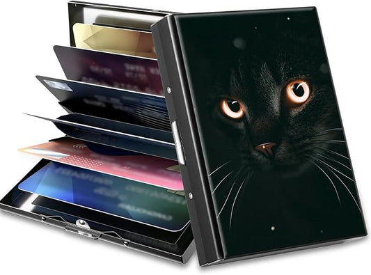 Slim Credit Card Holder, Black Cat Glitter RFID Blocking Metal Wallet for Men & Women, Aluminum Minimalist Hard Case Pocket-Sized Business Cards Organizer (Fits Up to 10 Cards)