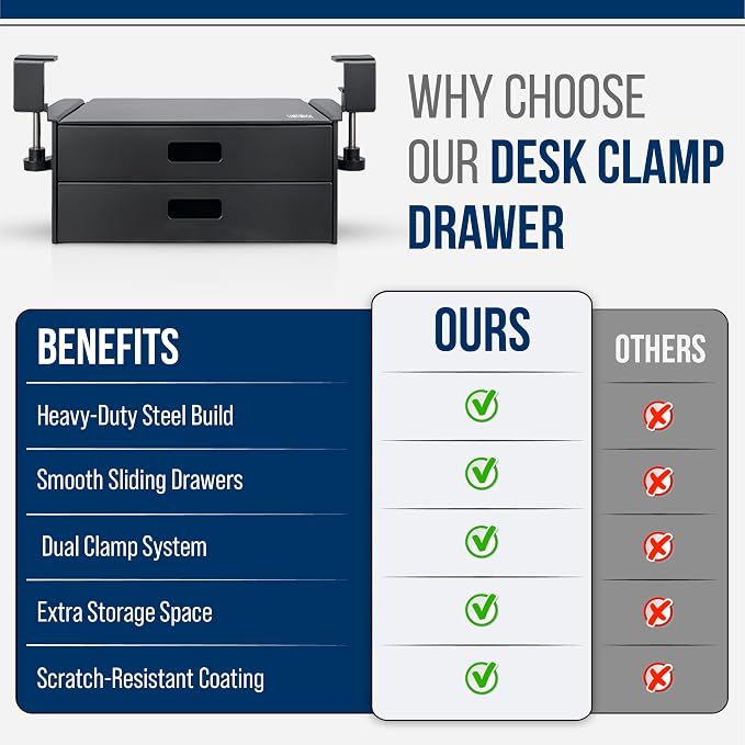 Under Desk Drawer – Clamp-On No-Drill Metal Organizer, Slide-Out Storage for Home & Office Desks