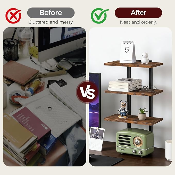 MAHANCRIS Clamp On Desk Organizer, 3-Tier Desktop Bookshelf, Adjustable Desk Storage Shelf, Metal Frame, for Office, Study and Game Room, Rustic Brown DSHR3601