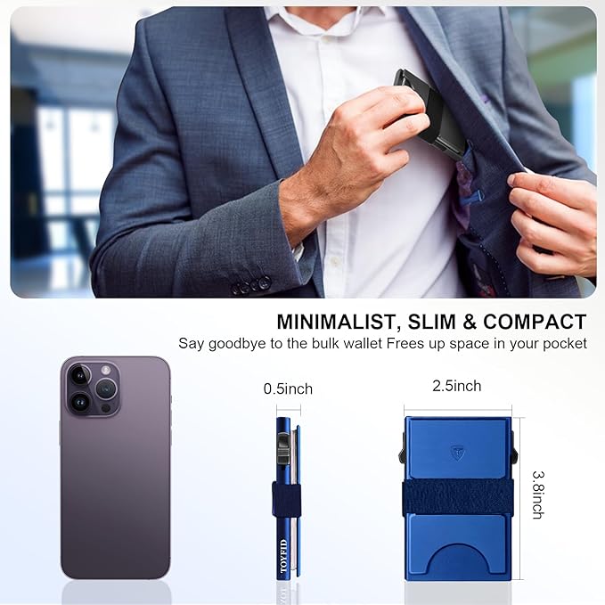 TOYFID Slim Wallet for Men Aluminum Minimalist Pop Up Card Holder with RFID Blocking Protection Expandable Backplate Cash Band for Boyfriend/Dad/Friend,Holds 12+ Credit Card & Business Cards,Blue