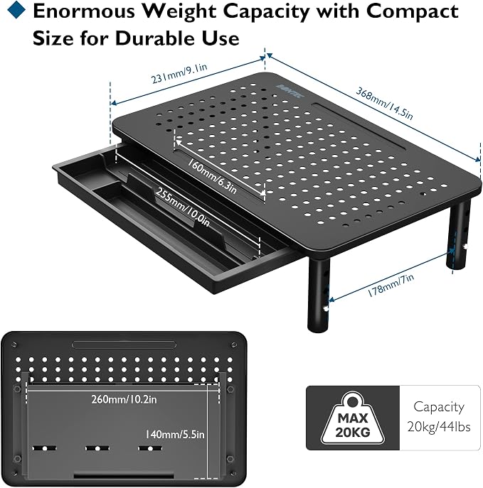 BONTEC 1 Pack Adjustable Monitor Stand Riser with Drawer, Ergonomic Mesh Platform Computer Monitor Stand for Desk, Ventilated Laptop and PC Stand with Cable Management, Supports up to 44lbs