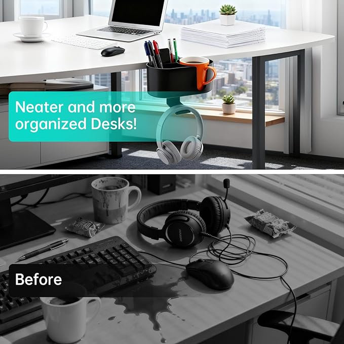 Desk Cup Holder 4 in 1 Detachable Clamp-on Under Desk Headphone Hanger for Expanding Office Pen Organizer Desktop Storage for Cup Phone Pen (Black)