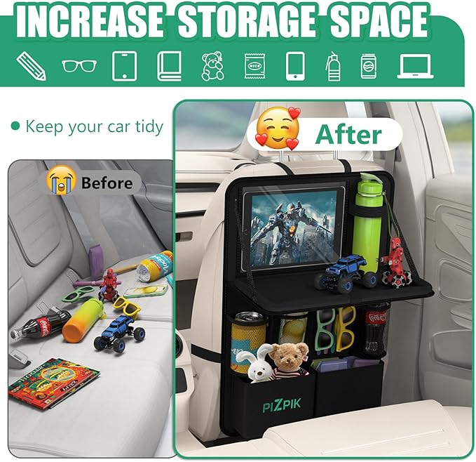Plzpik Car Backseat Organizer with Tray(1Pack),13Storage Pockets with Foldable Food Tray, Protector Kick Mats for Kids, Travel Accessories Organizer (Black)