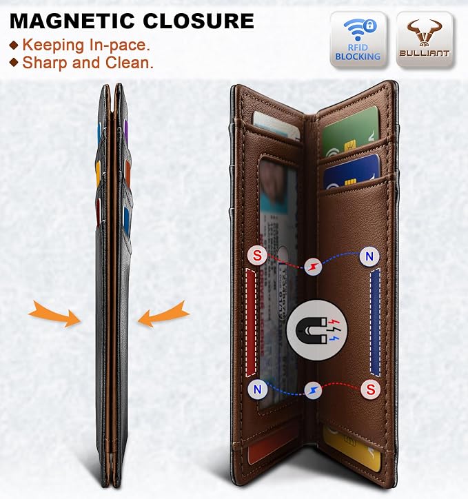 BULLIANT Slim Wallet For Men 12Cards,Magnetic Flip Build-in Money Clip Airtag Compatible-RFID Blocking